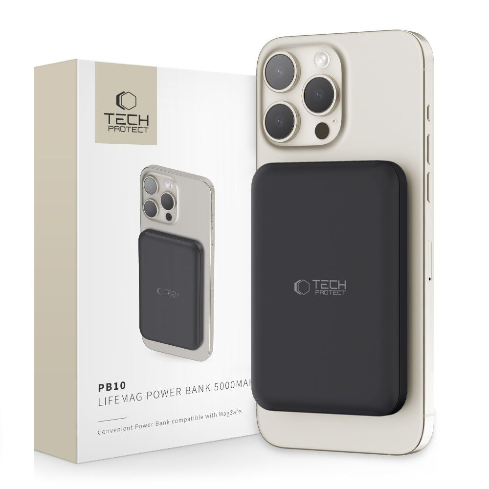 Tech-Protect PB10 LifeMag Wireless Externer Akku, 5000mAh, 15W, PD + FQI, 1 x QI - 1 x USB-C, Schwarz
