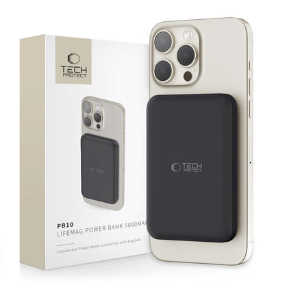 Tech-Protect PB10 LifeMag Wireless Externer Akku, 5000mAh, 15W, PD + FQI, 1 x QI - 1 x USB-C, Schwarz