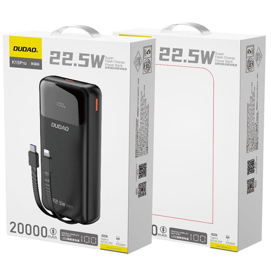 Externer Akku Dudao K15Pro, 20000mAh, 22,5W, QC + PD, 1 x USB-A - 1 x USB-C, Schwarz 