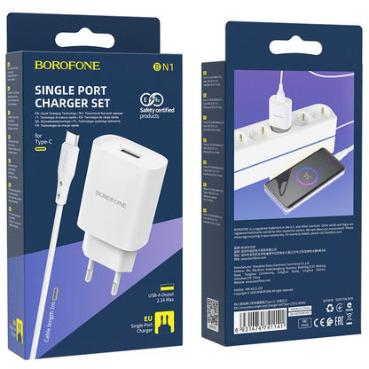 Netzwerk-Ladegerät mit USB-C Kabel Borofone BN1, 10W, 2.1A, 1 x USB-A, Weiß