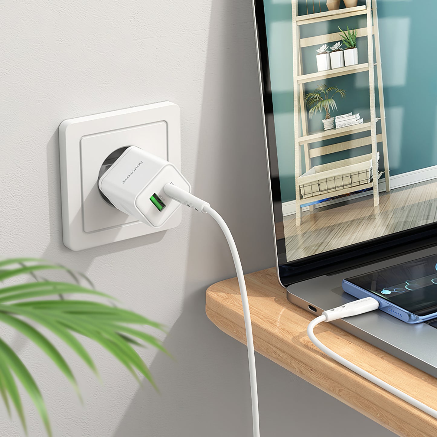 Network Charger with USB-C Cable Borofone BN7, 20W, 3A, 1 x USB-A - 1 x USB-C, White 