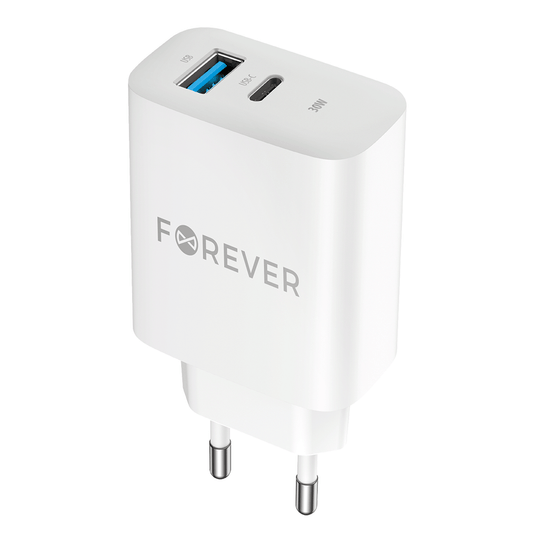 Forever Netzwerk-Ladegerät TC-07-30AC, 30W, 3A, 1 x USB-A - 1 x USB-C, Weiß